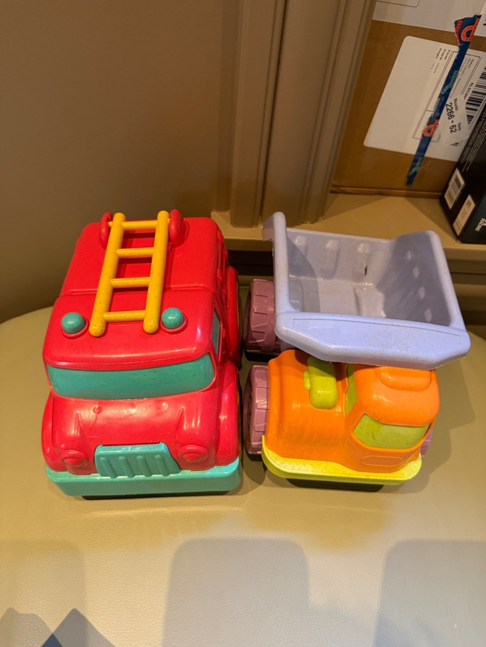 Red and Orange Kids Toy Truck Set - Bright Plastic Dump & Fire Truck